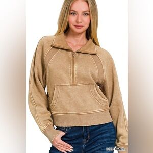 Camel tan Acid Mineral Wash half zip ribbed hoodie pullover sweatshirt top